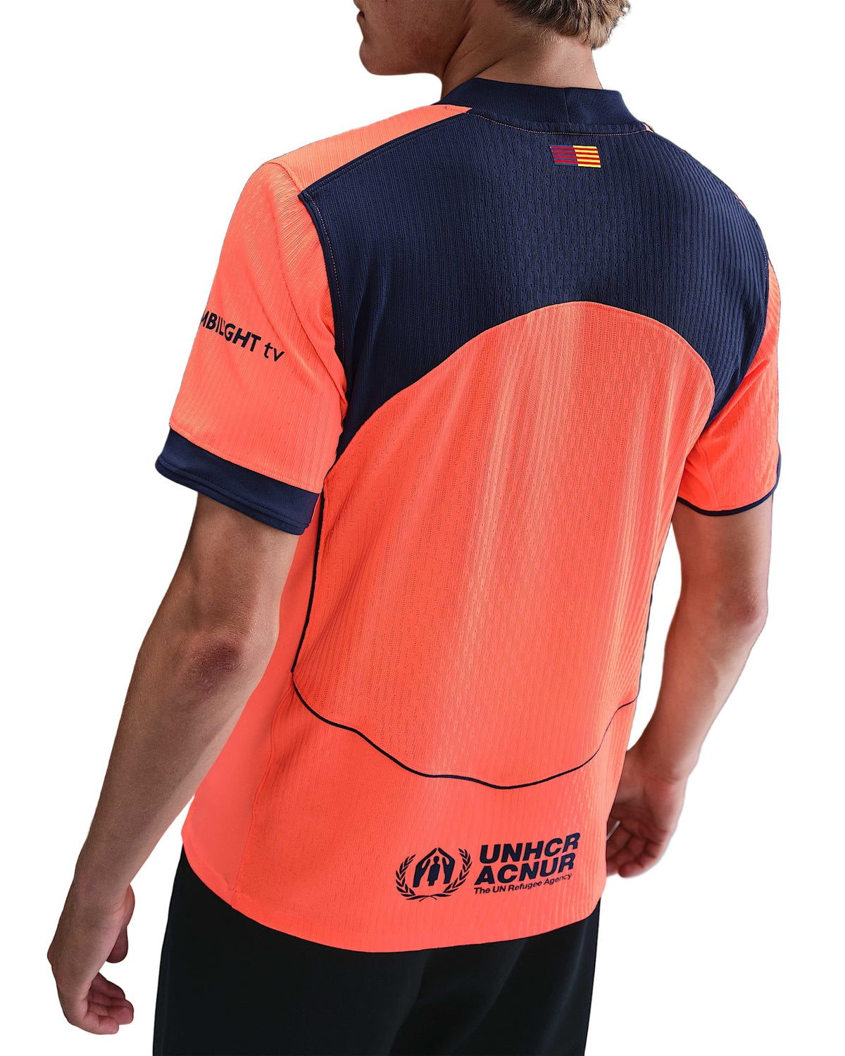 Nike FC Barcelona Third T90 Authentic Jersey 25/26 w/ Champions League Patches (Bright Mango/Midnight Navy)