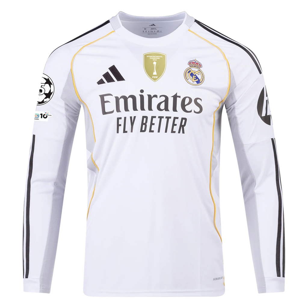adidas Real Madrid Endrick Long Sleeve Home Jersey w/ Intercontinental + Champions League Patches 25/26 (White)