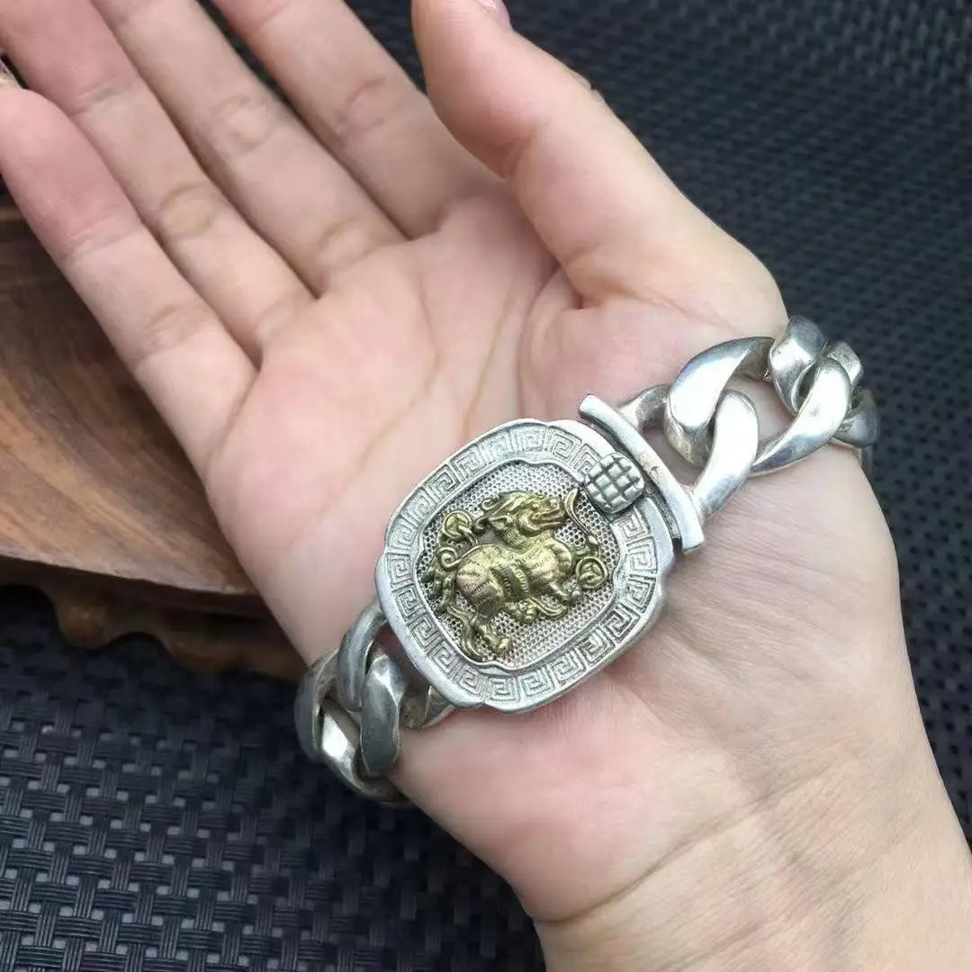 Retro old silver Nepal Tibetan silver hollow Pixiu double-row bracelet men's domineering fashion silver bracelet
