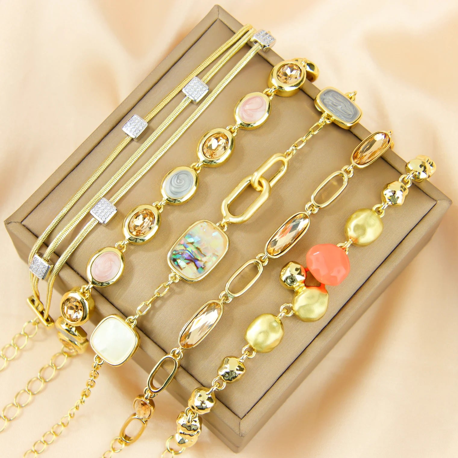 Fashionable Crystal Resin Bracelet 14k Gold Color Versatile Exquisite Handmade Chains Italian Women Party Statement Jewelry