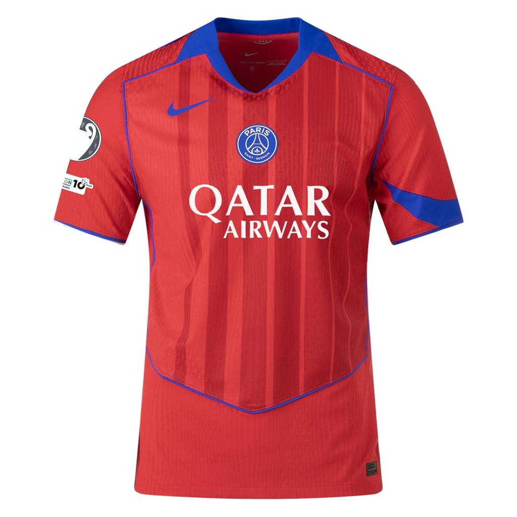 Nike Men's Paris Saint-Germain Authentic Ousmane Dembélé Third Jersey w/ Champions League Patches 25/26 (Sport Red/Hyper Royal)