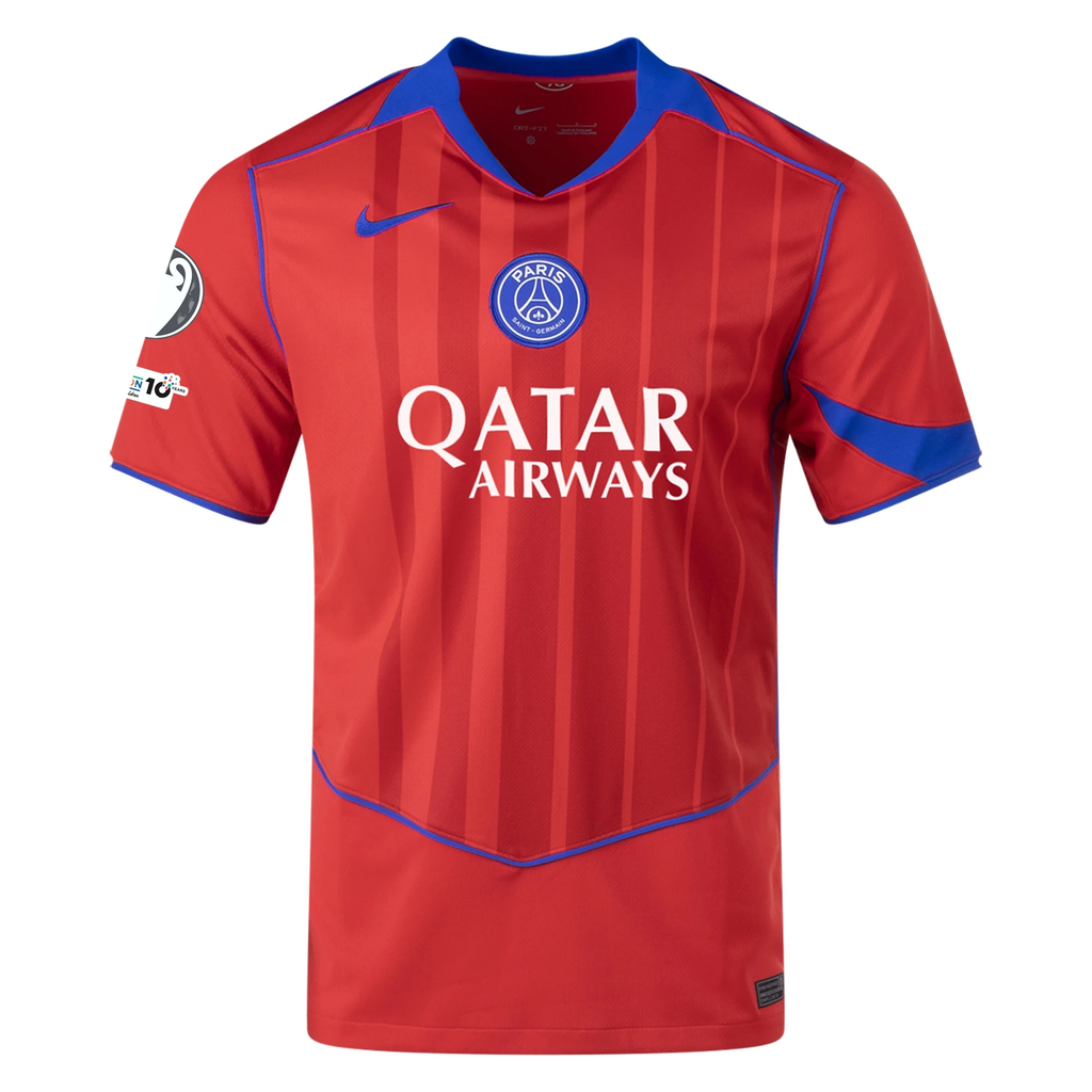Nike Men's Paris Saint-Germain João Neves T90 Third Jersey w/ Champions League Patches 25/26 (Sport Red/Hyper Royal)